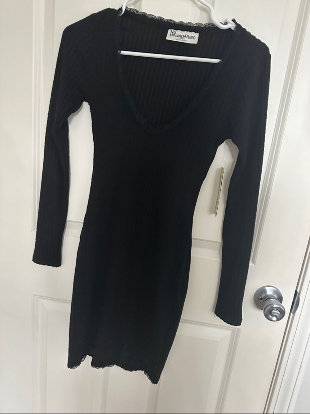 No Boundaries Black Ribbed V-Neck Long Sleeve Bodycon Dress